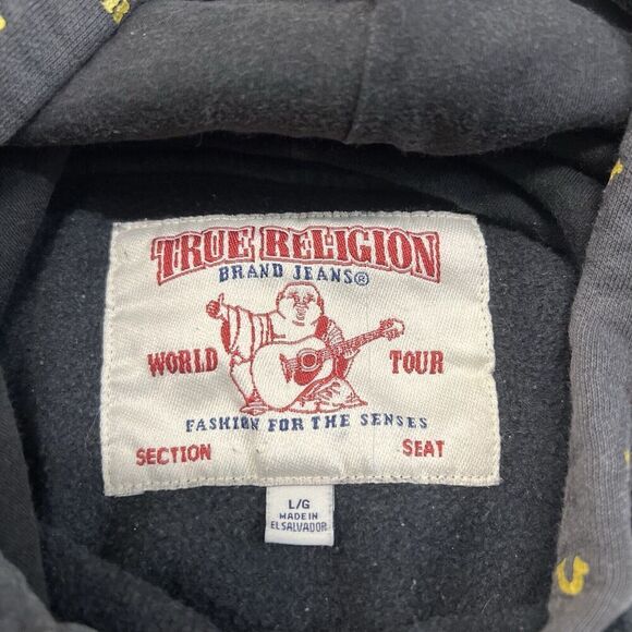 True Religion Mens Large Black Hoodie Sweater All Over Logo Print Pullover READ - Picture 4 of 7